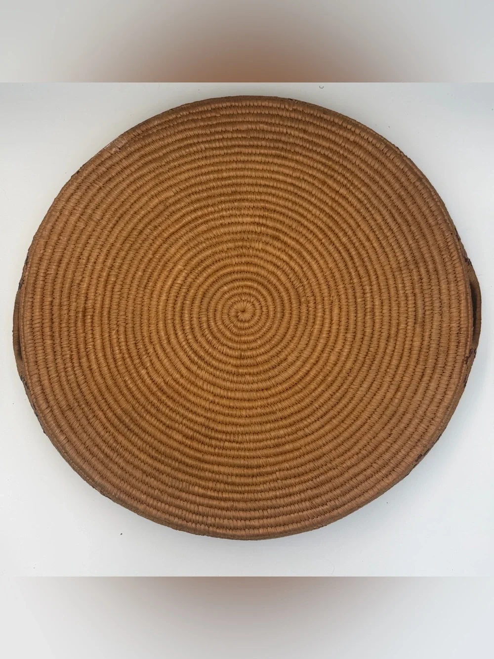 Vintage Hand Coiled Woven Basket Tray With Handles Geometric Boho Decor Brown